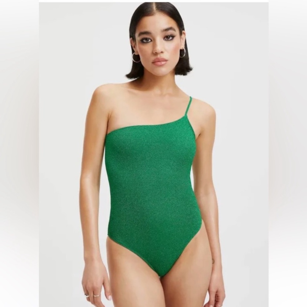 Good American Emerald Green Sparkle One Shoulder zone Piece Swimsuit  US3